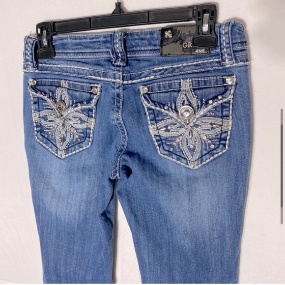 Grace In L.A. Distressed Low Rise Straight Leg Embroidered Flap Pocket Jeans 25 - Picture 13 of 16